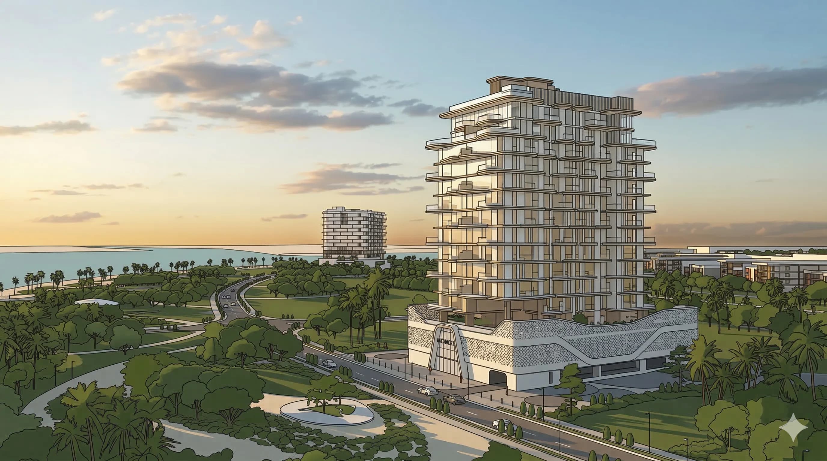 Sketch-style architectural tower render in the featured banner.