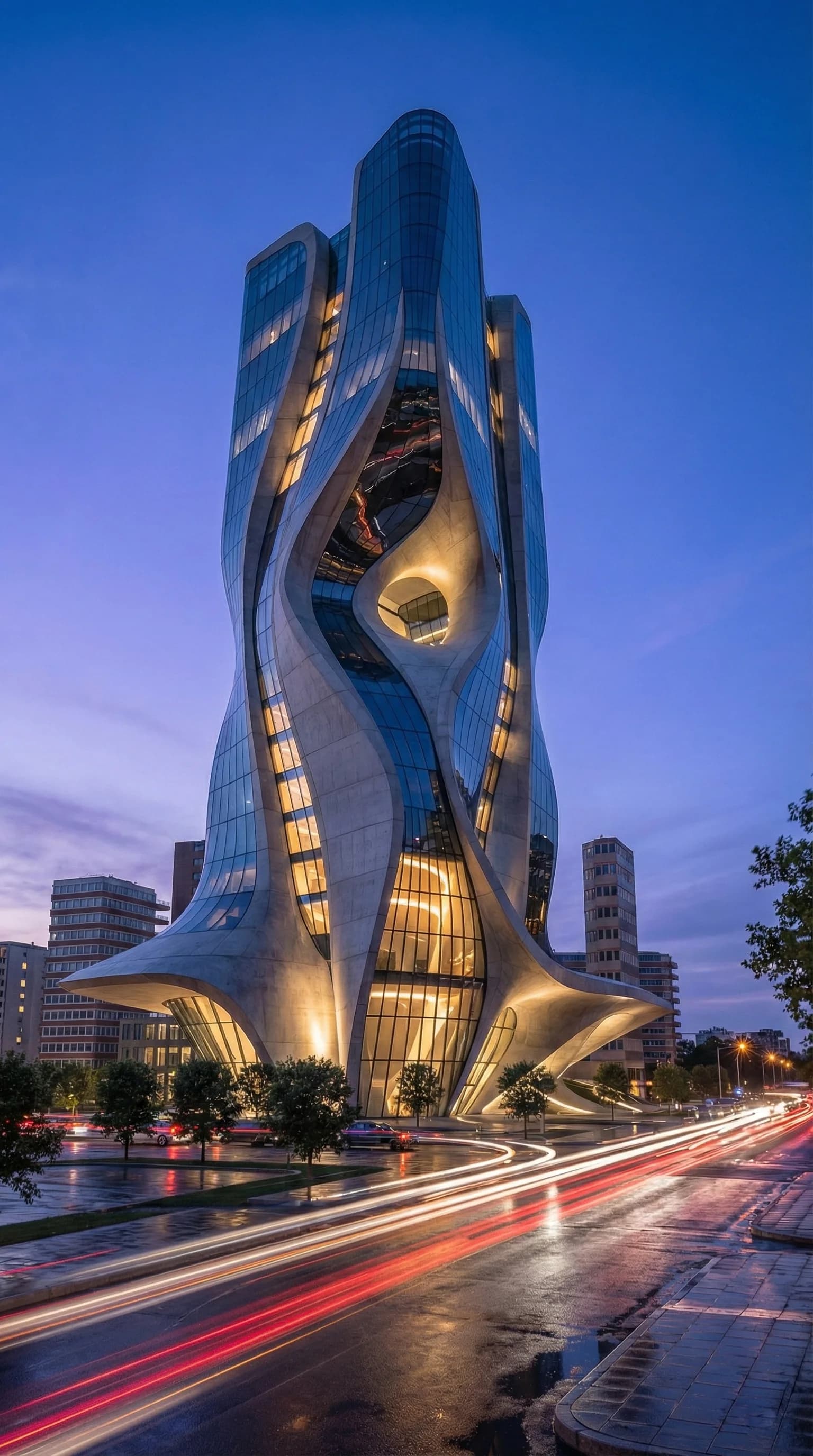 Blue-hour parametric tower render in the featured banner.